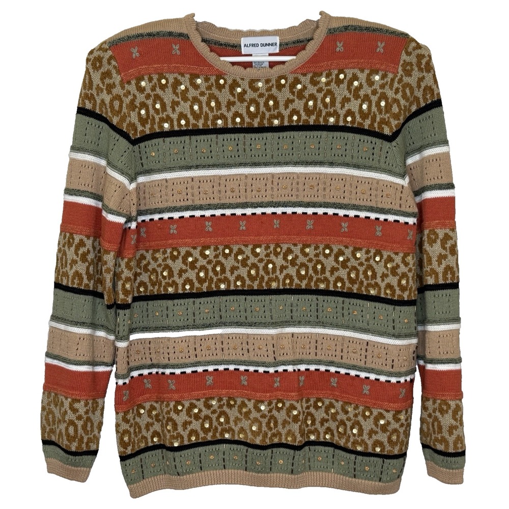 Alfred Dunner Grandmacore Sweater Womens Size Large‎ Animal Print Shoulder Pads